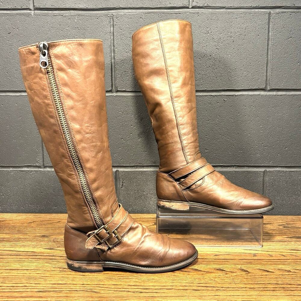 Steve Madden Saviorr Brown Leather Knee High Riding Boots 7.5 Buckle Zip